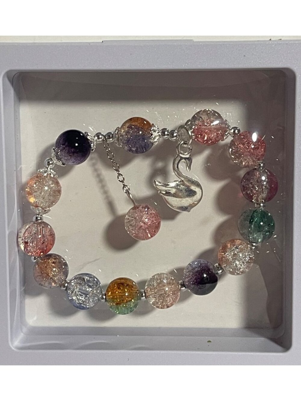 Colorful Crystal Bead Stretch Bracelet With Swan Charm  Womens Fashion Jewelry